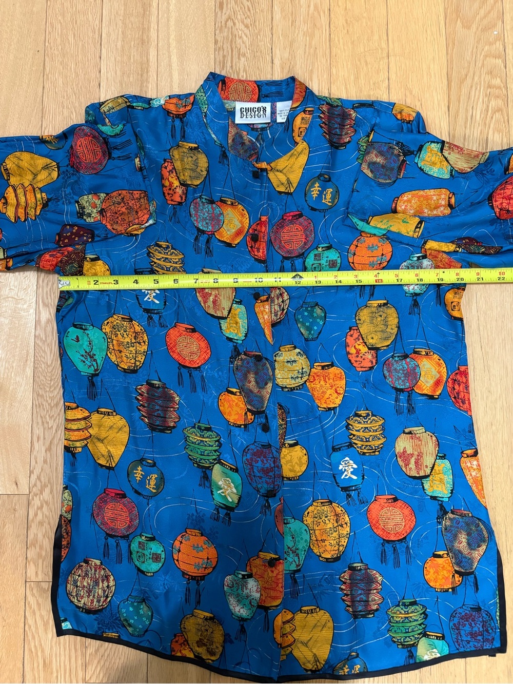 CHICOS NWT Vintage Silk Lantern Mandarin Blouse Top Blue Multi Size 1 M - Picture 7 of 8